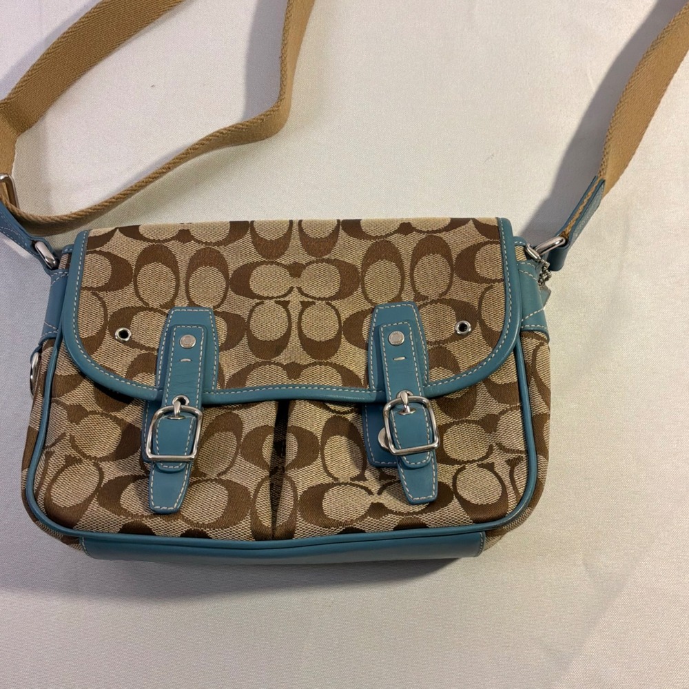 Coach Signature C Canvas Blue Leather Trim Crossbody Bag Tan Brown
